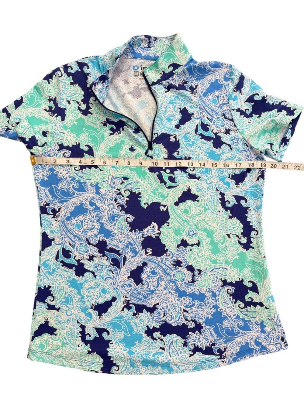 IBKUL Womens Size M Top 1/4 Zip Short-Sleeve Blue Green Paisley UPF Sun Shirt - Picture 5 of 8